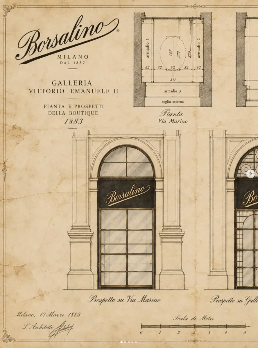 Progetto della boutique Borsalino in Galleria Vittorio Emanuele II